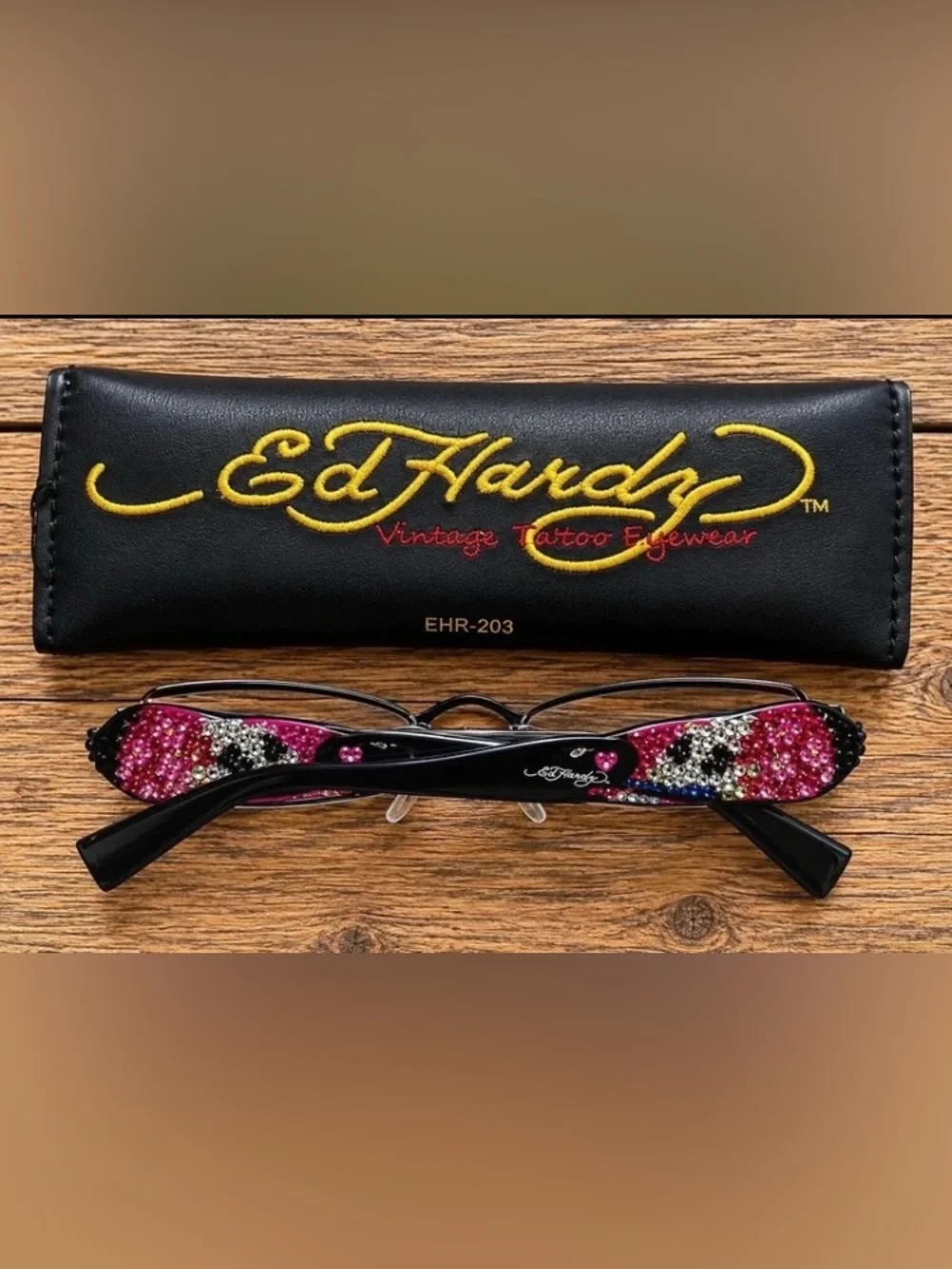 Ed Hardy Black Metal Frame Glasses with Embroidered Skull & Rose Case